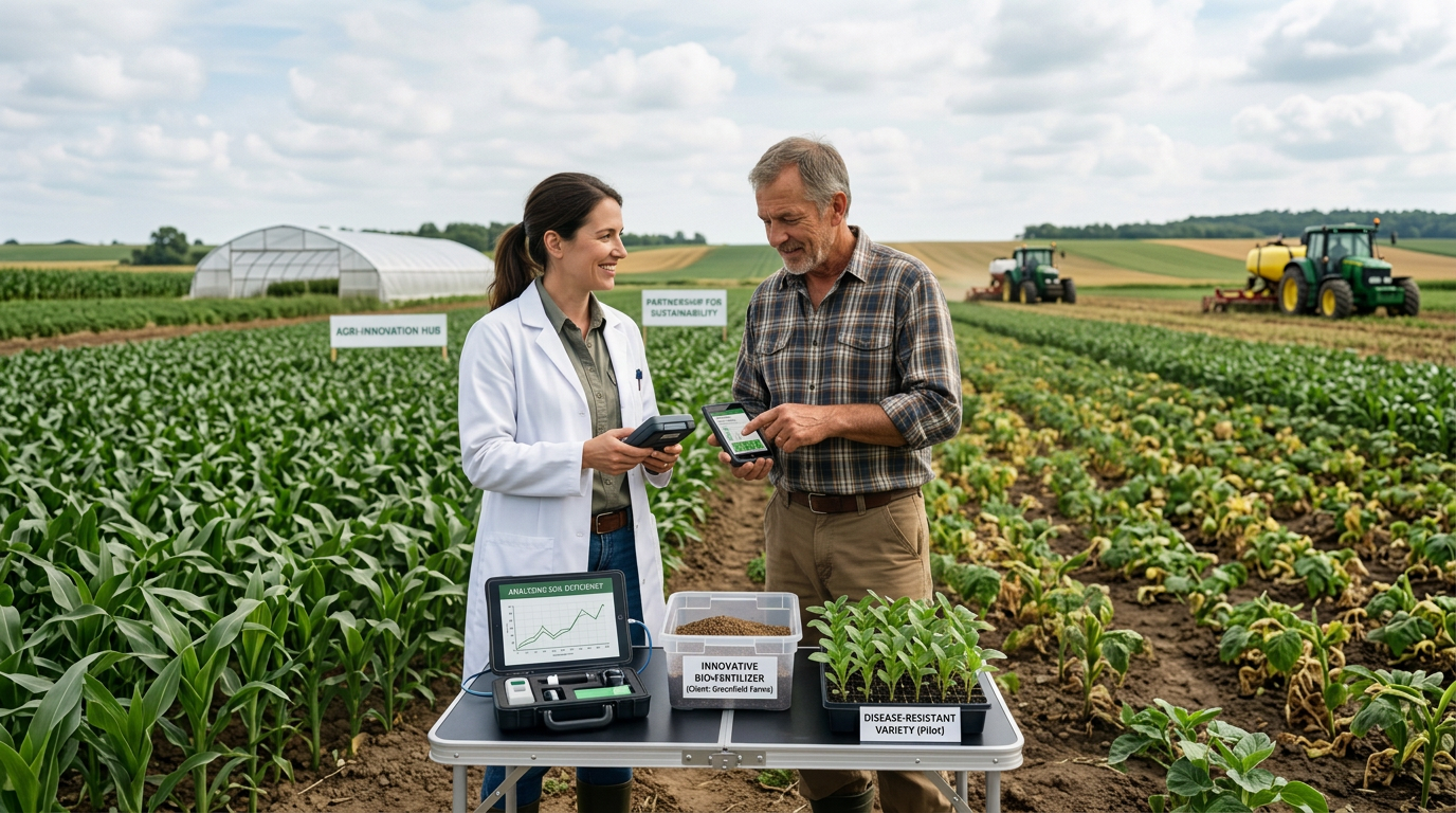 Two agricultural researchers in a field examining bio-fertilizer and disease-resistant plant data