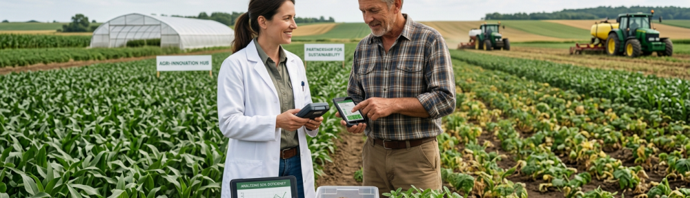 Two agricultural researchers in a field examining bio-fertilizer and disease-resistant plant data